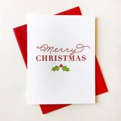 Merry Christmas Holly - Classic Letterpress Christmas Holiday Greeting Card